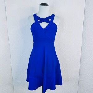 Windsor Size 3 Flared Mini Dress Royal Blue Stretchy Strappy Zip up